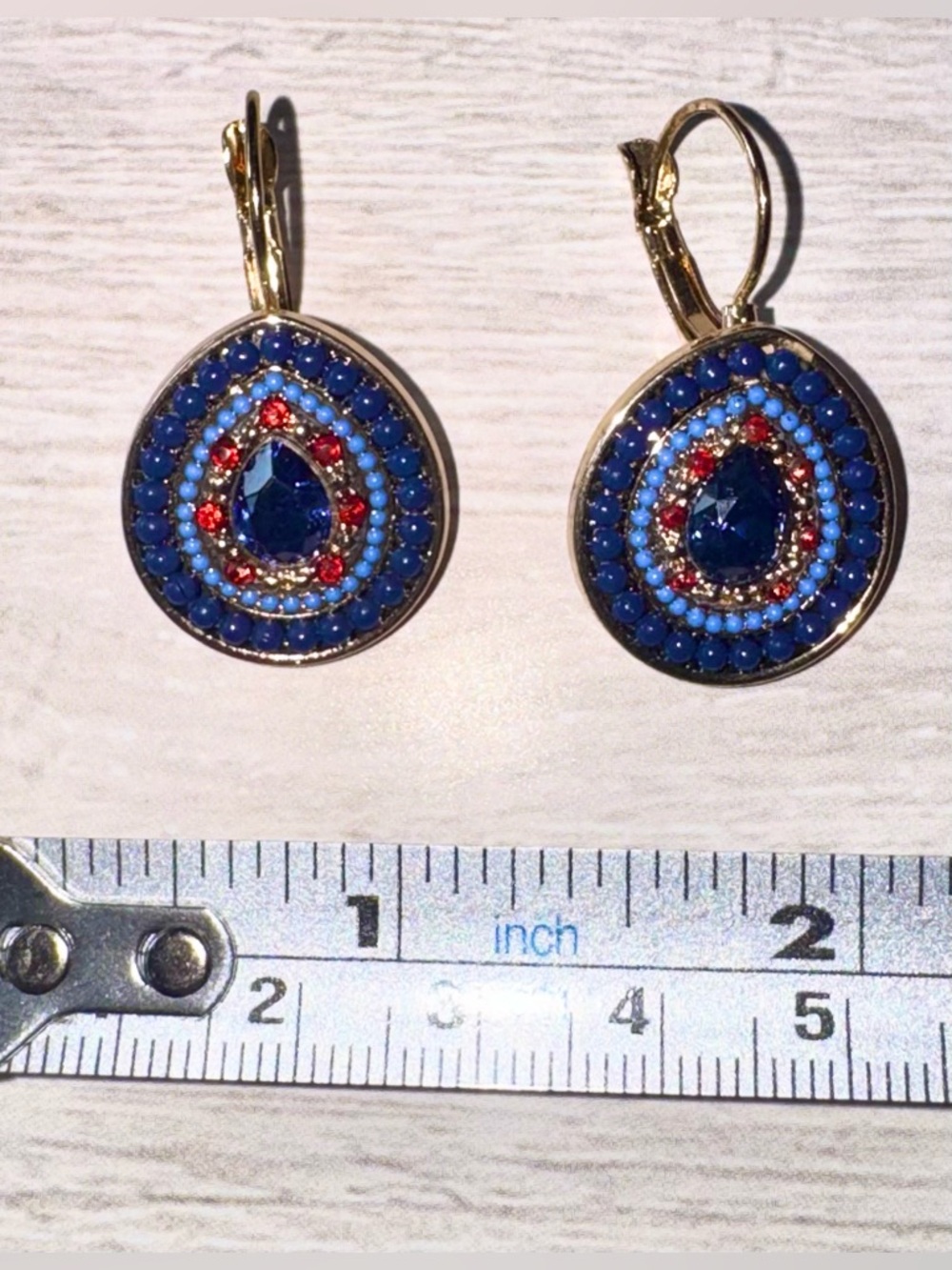 Beaded Gold-Tone Blue & Red Teardrop Crystal Drop Earrings - Picture 3 of 5